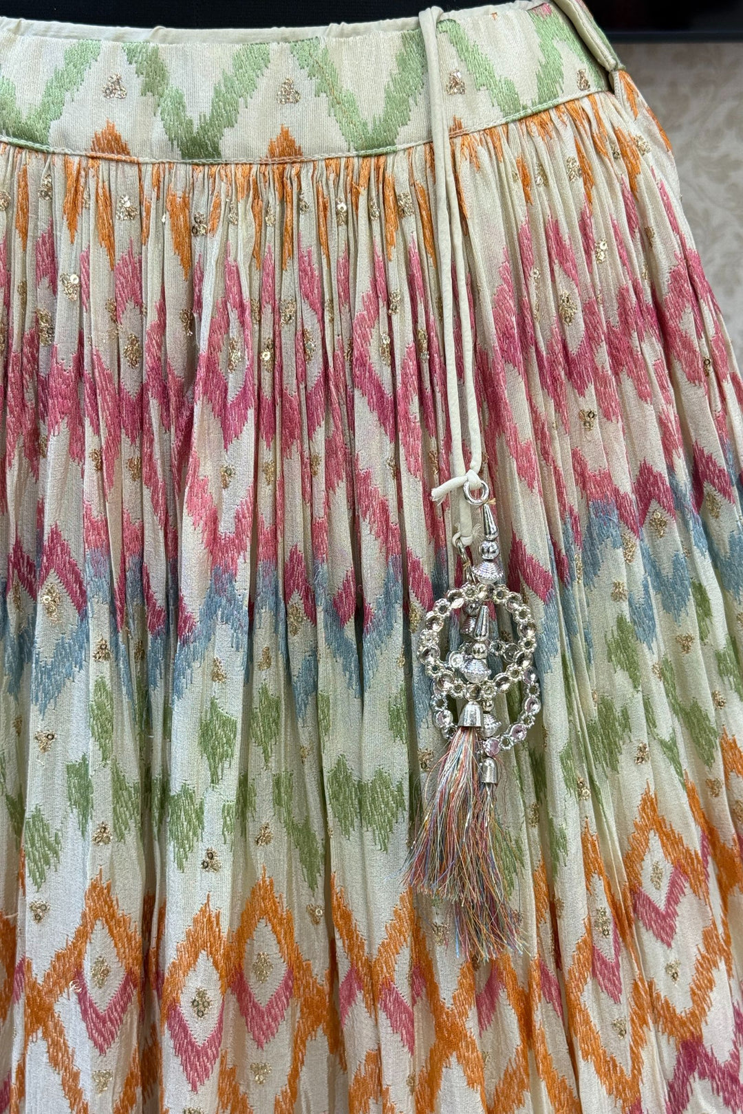 Cream Multicolor Embroidery, Sequins, Zari, Beads and Zardozi work Crop Top Lehenga