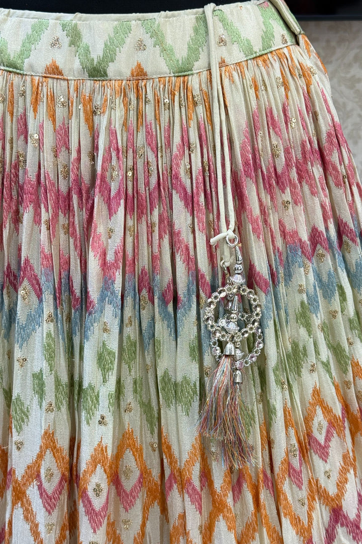 Cream Multicolor Embroidery, Sequins, Zari, Beads and Zardozi work Crop Top Lehenga