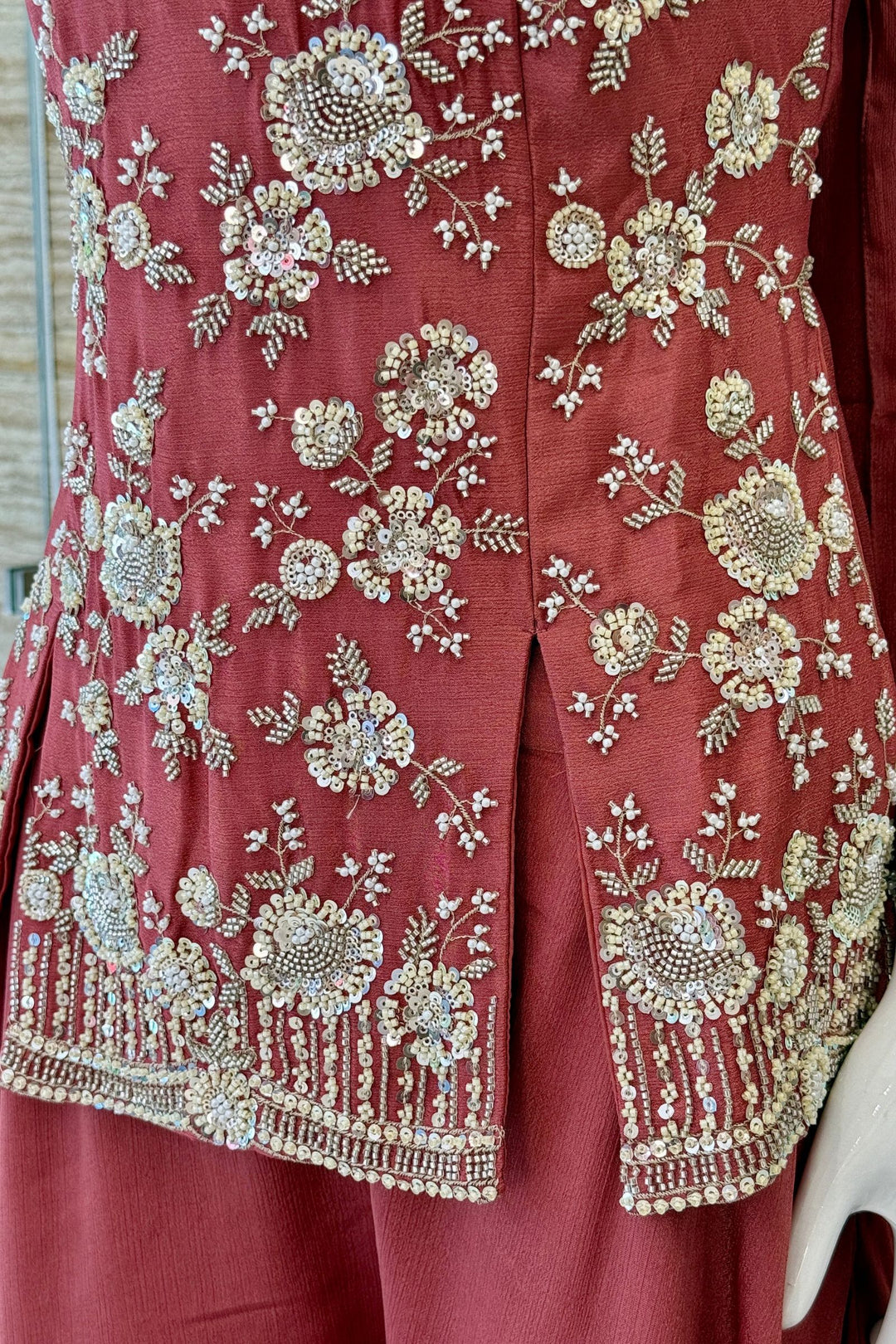Rust Beads, Zari and Sequins work Palazzo Salwar Suit