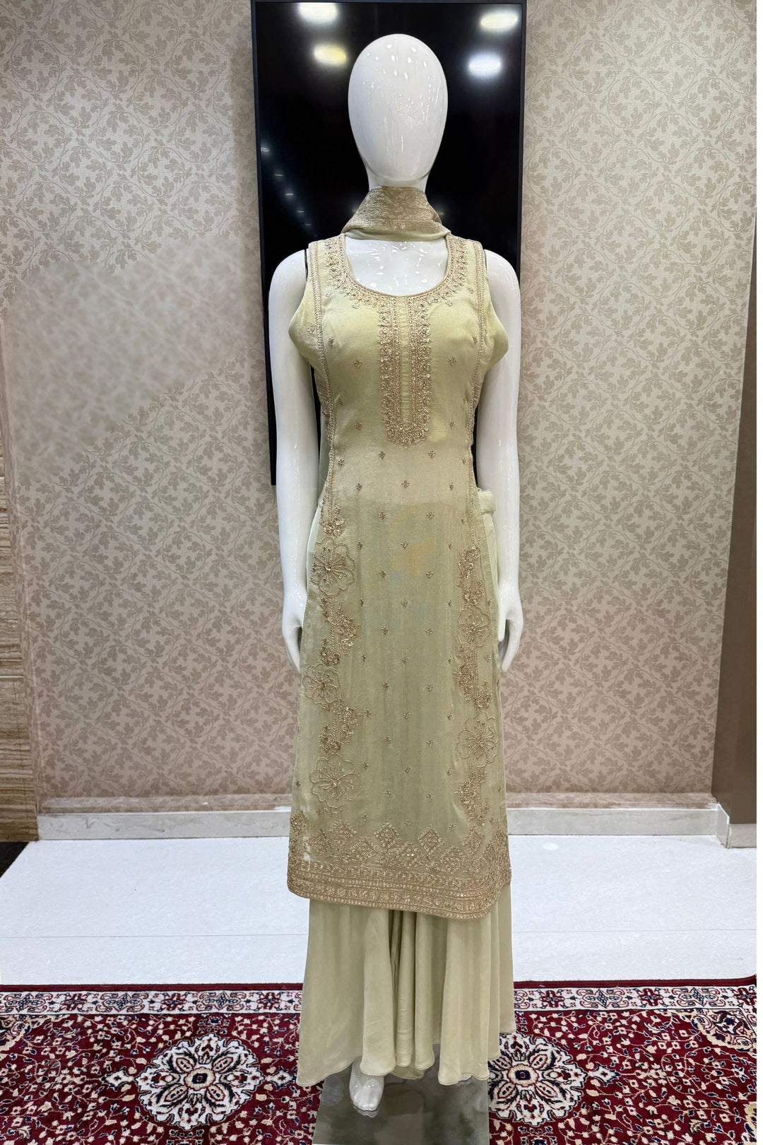 Pista Green Zari and Sequins work High Slit Palazzo Set