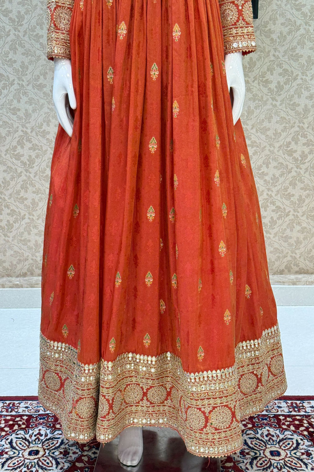 Orange Banaras, Sequins, Zari and Beads work Floor Length Anarkali Suit