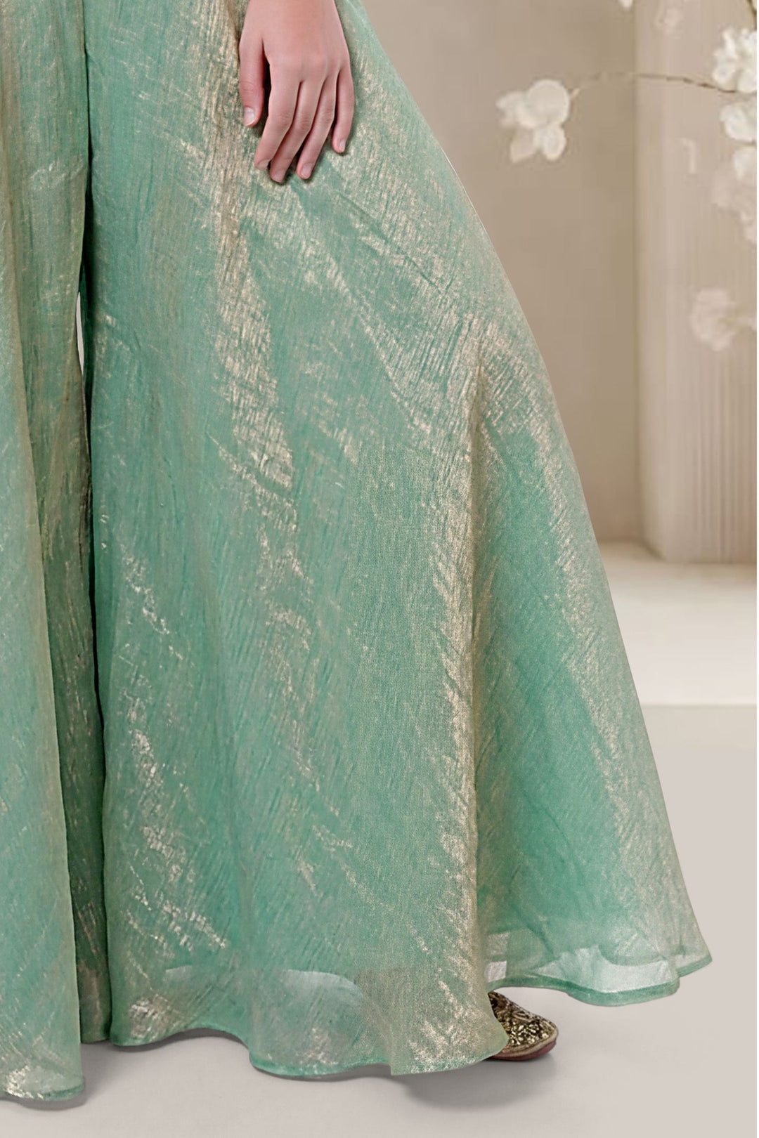 Sea Green Zari, Beads and Sequins work Palazzo Suit Set for Girls