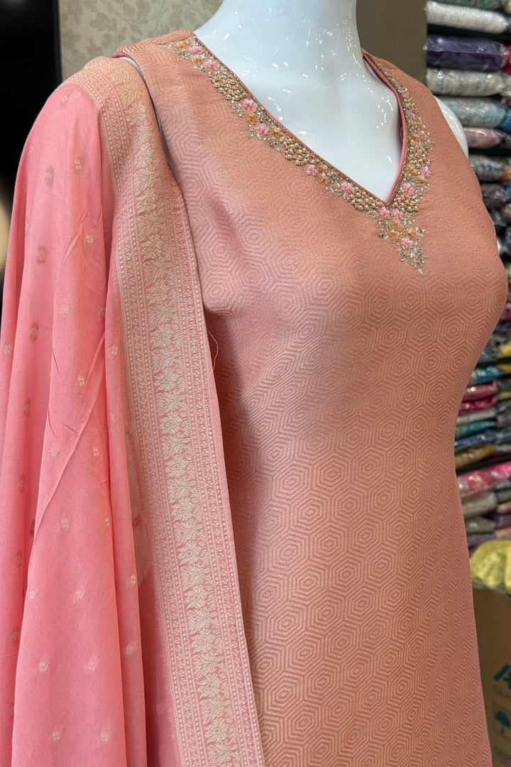 Peach Zardozi, Sequins, Stone, Zari, Banaras and Beads work Straight Cut Salwar Suit