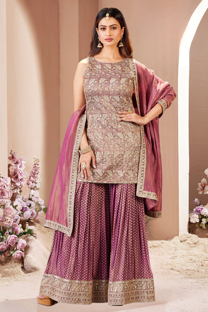 Onion Pink Sequins, Zari and Banaras work Sharara Salwar Suit