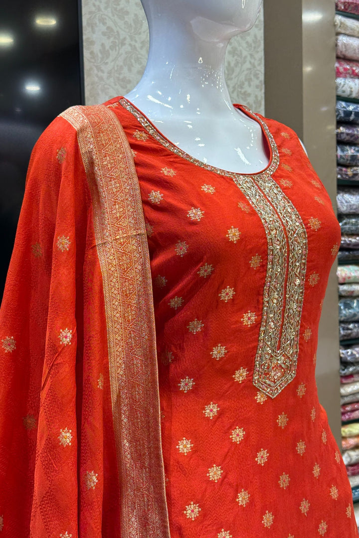 Orange Jacquard, Banaras Butta, Zardozi and Sequins work Straight Cut Salwar Suit