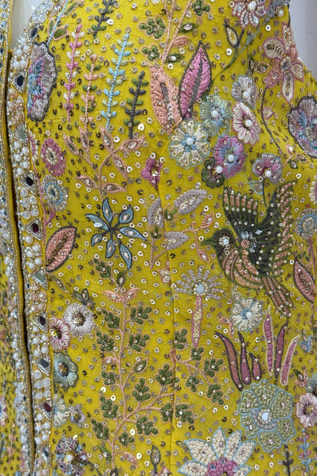 Yellow Multicolor Embroidery, Sequins, Pearl, Stone and Mirror work Salwar with Palazzo Pant