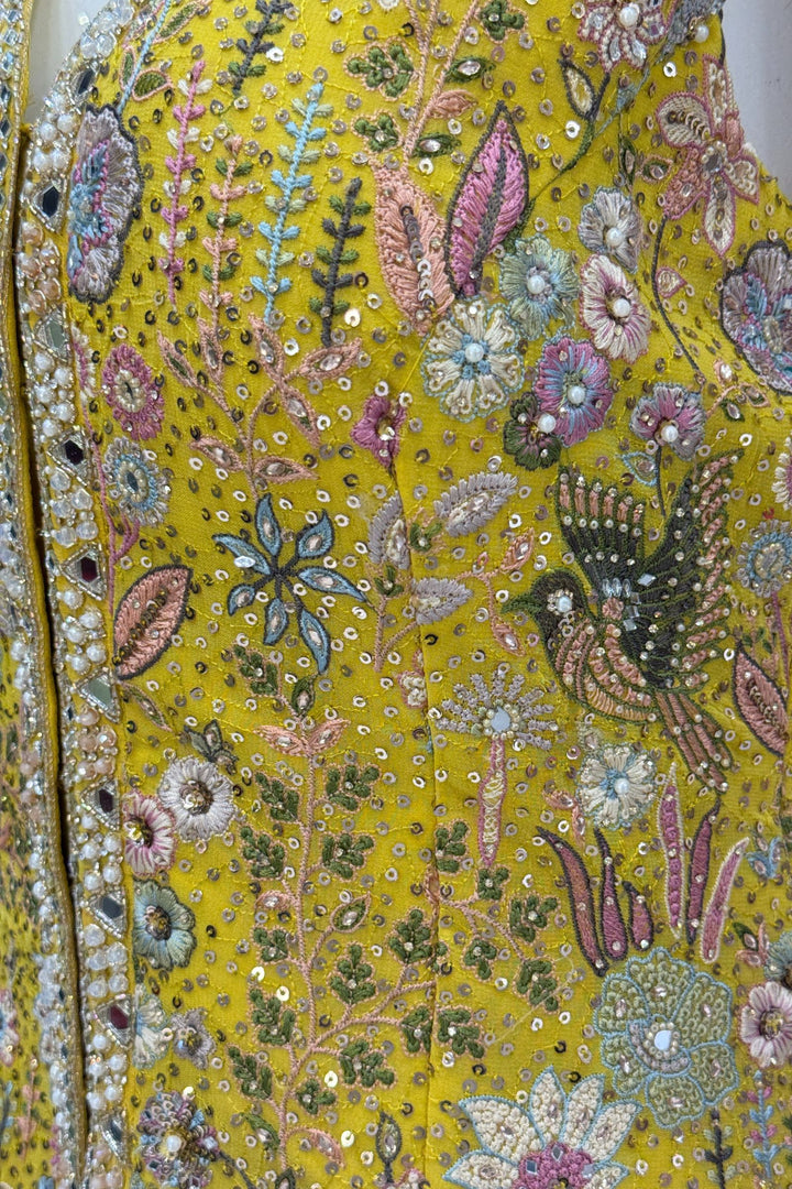 Yellow Multicolor Embroidery, Sequins, Pearl, Stone and Mirror work Salwar with Palazzo Pant