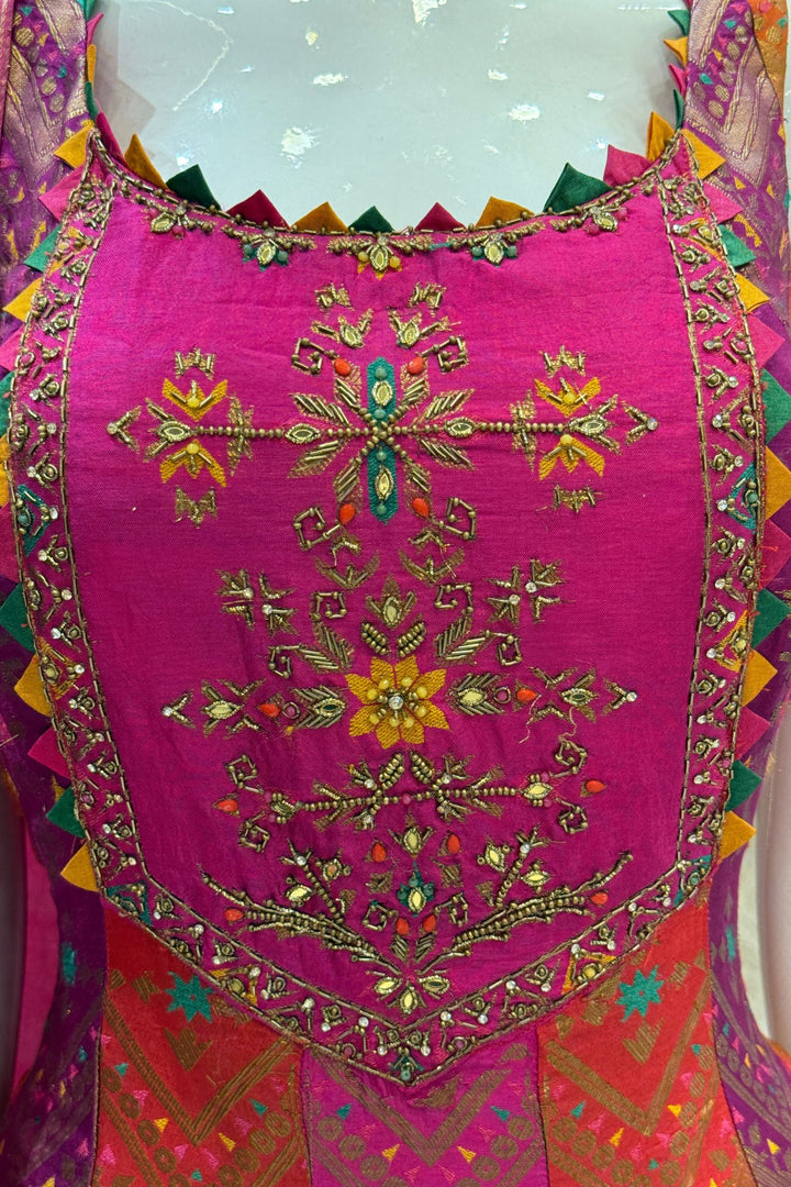 Multicolor Banaras, Zardozi and Beads work Anarkali Style Salwar Suit with Palazzo Pant