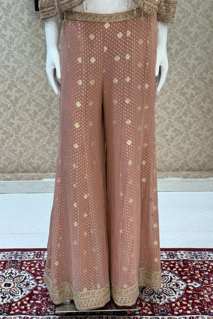 Peach Stone, Zari and Sequins work Crop Top with Overcoat Styled Palazzo Suit Set