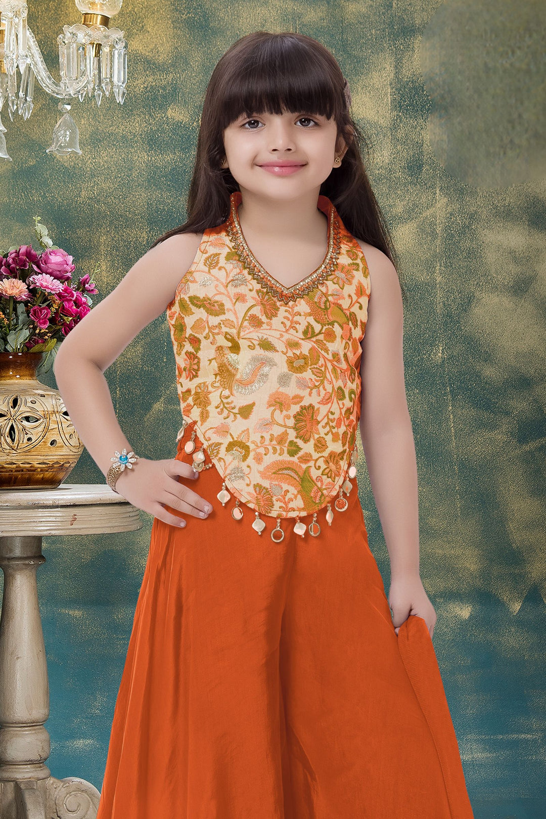 Orange with Beige Stone, Mirror and Thread work with Multicolor Print Palazzo Set for Girls