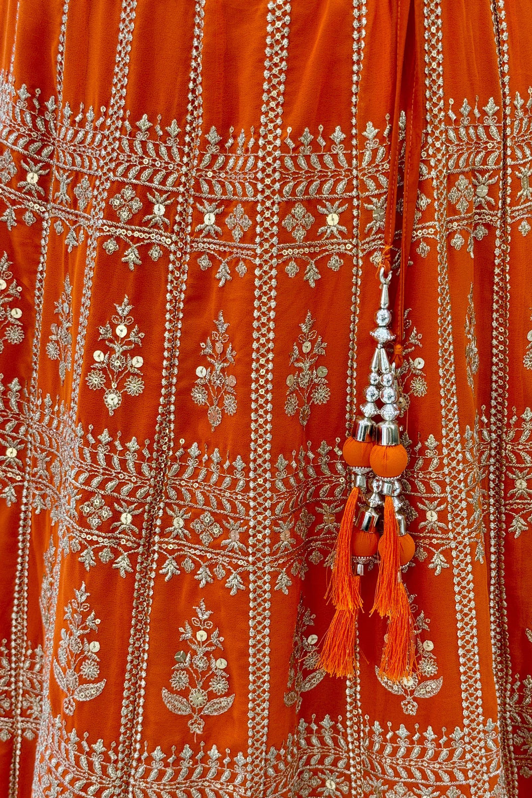 Orange Sequins and Zari work Crop Top Lehenga