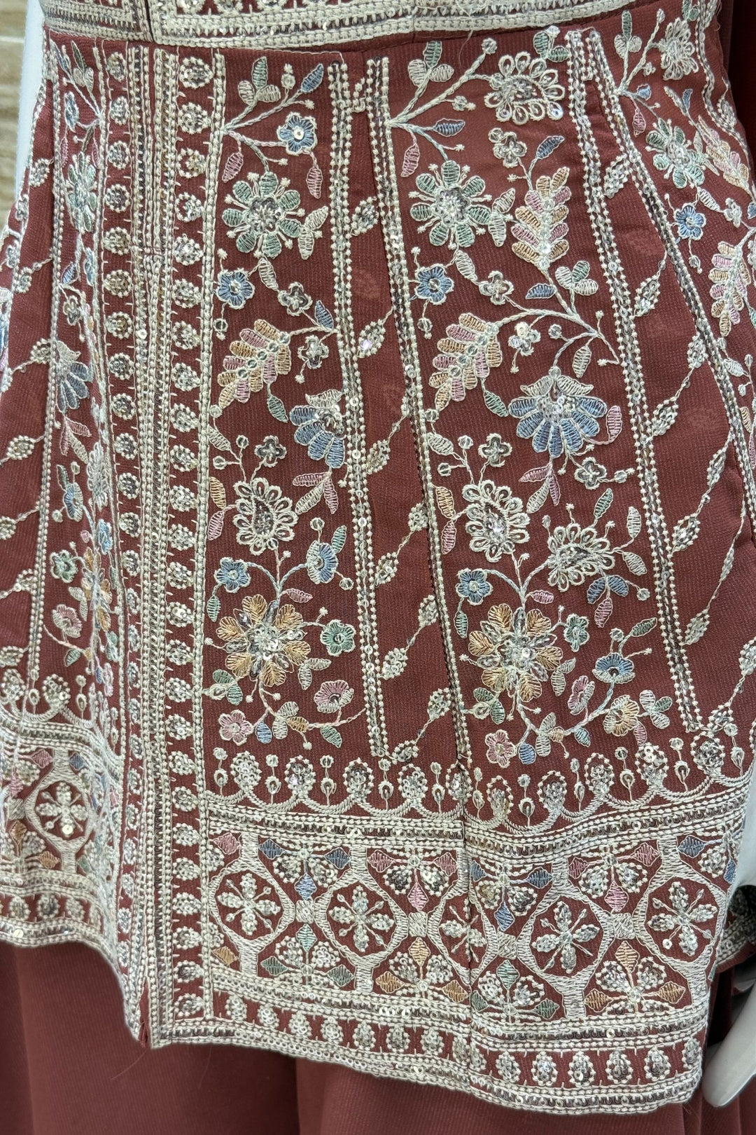 Brick Red Multicolor Embroidery and Sequins work Peplum Top with Palazzo Suit Set