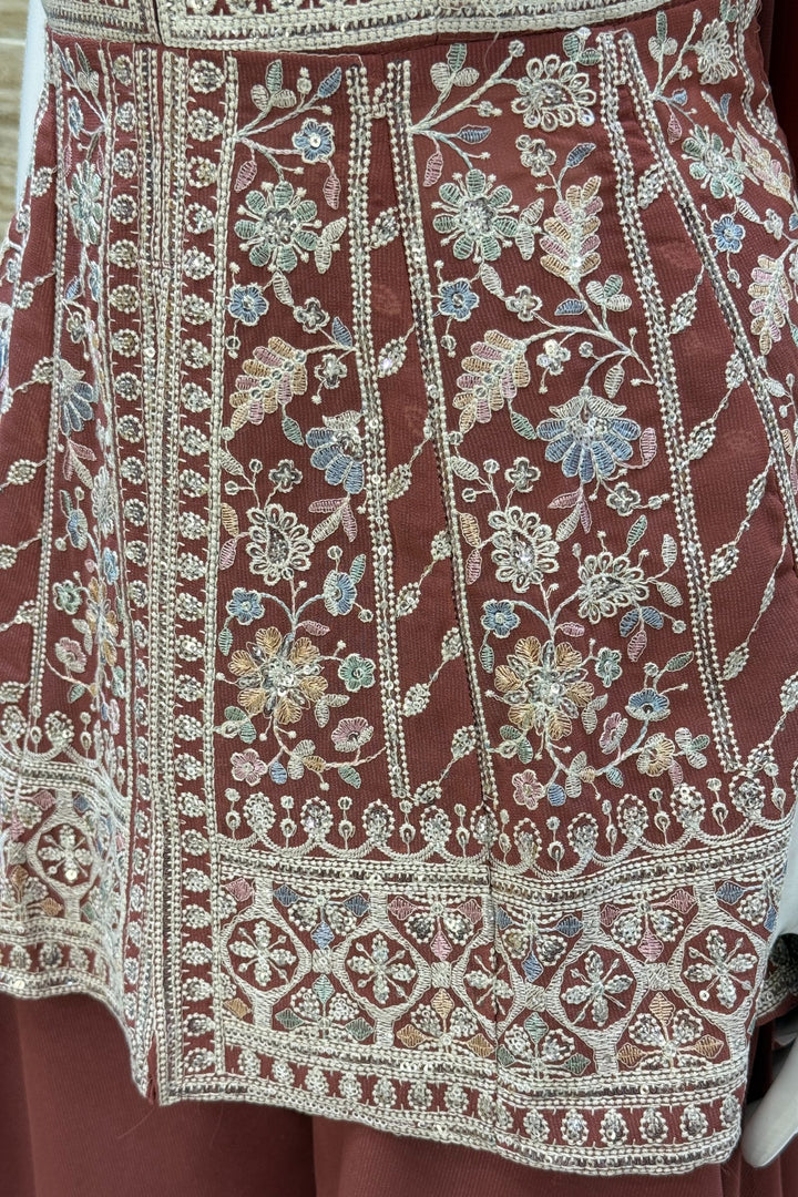 Brick Red Multicolor Embroidery and Sequins work Peplum Top with Palazzo Suit Set