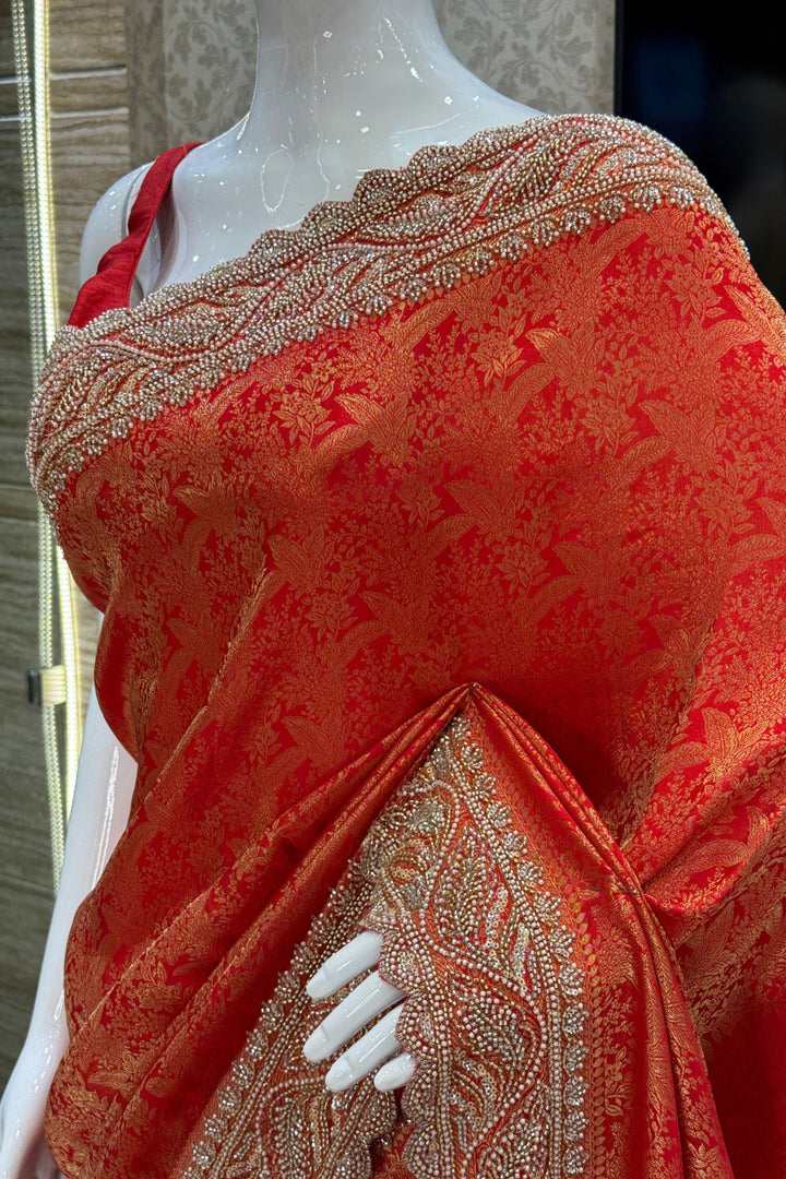 Crimson Red Banaras Silk Saree Featuring Intricate Beads, Sequins and Zari Cutwork Border