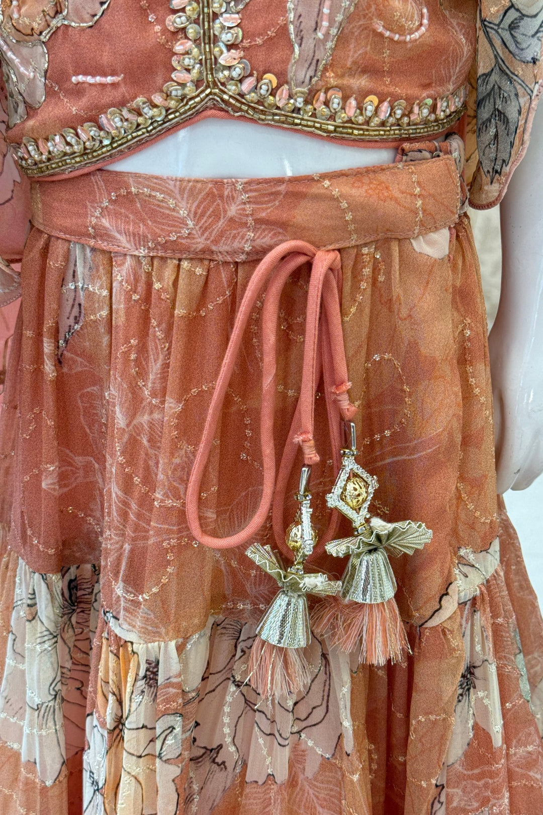 Peach Beads, Thread and Zardozi work with Floral Print Lehenga Choli for Girls