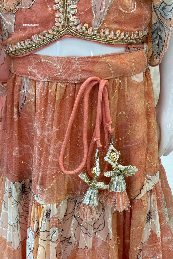 Peach Beads, Thread and Zardozi work with Floral Print Lehenga Choli for Girls