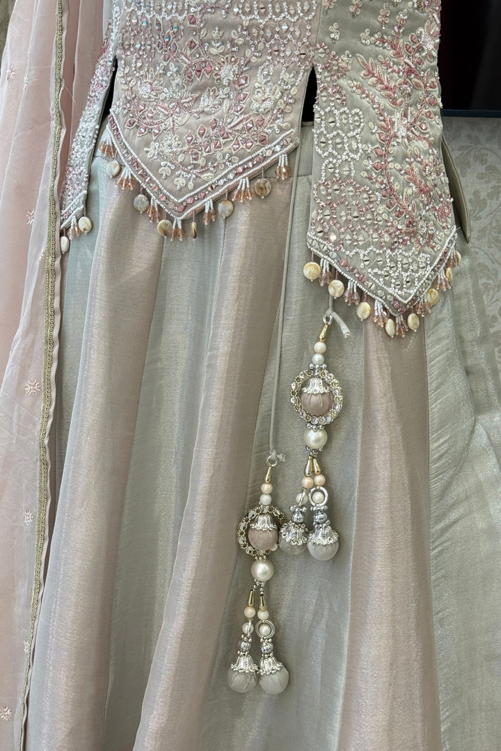 Grey with Peach Beads, Mirror, Stone, Sequins and Thread work Peplum Style Lehenga
