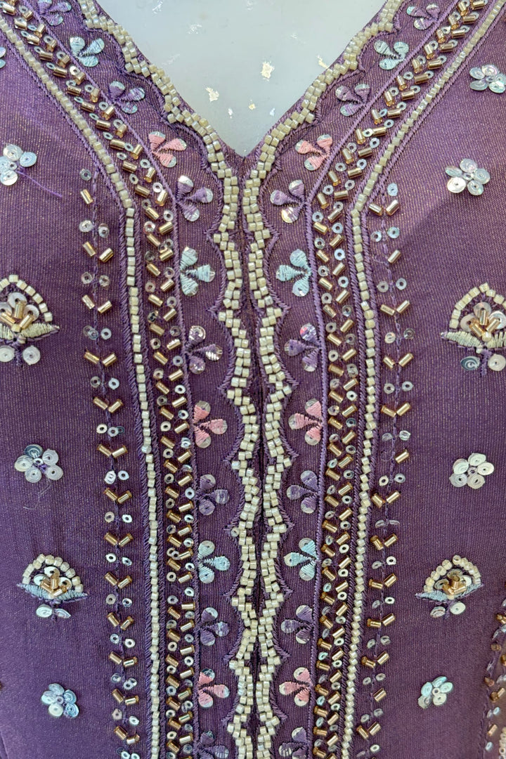Lilac Beads, Sequins and Thread work Long Top with Straight Pant