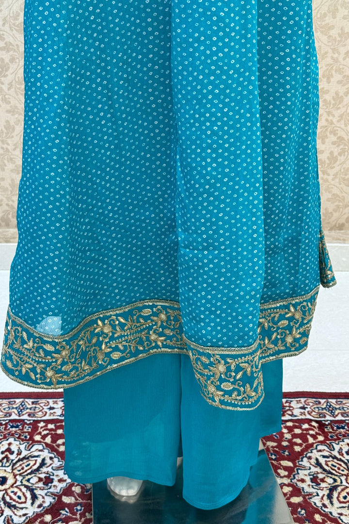 Rama Blue with Bandini Print Anarkali Style Salwar Suit with Palazzo Pant