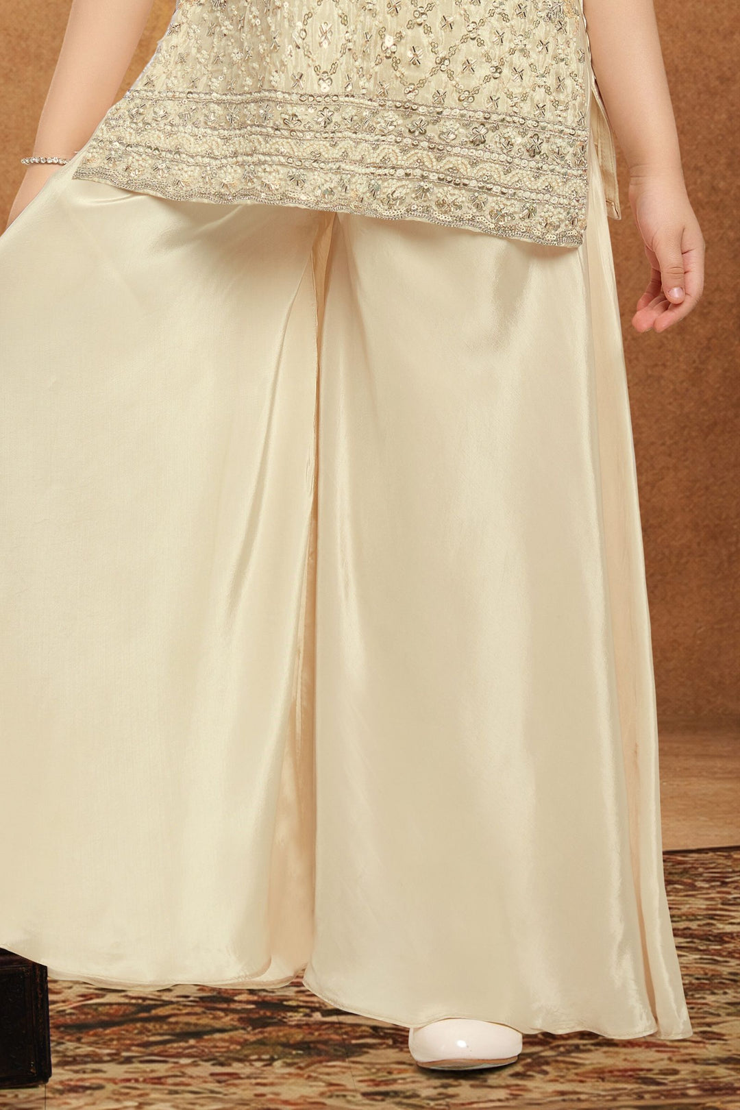 Cream Beads, Sequins and Zari work Palazzo Suit Set for Girls