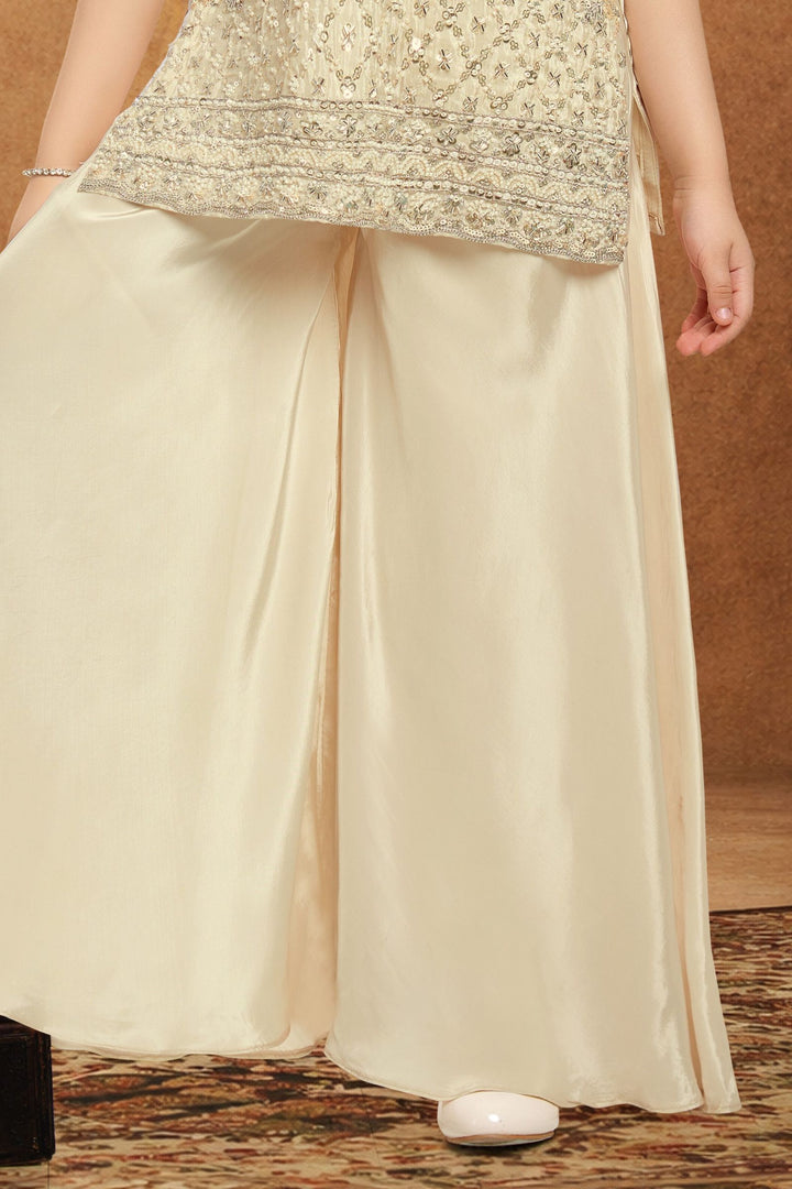 Cream Beads, Sequins and Zari work Palazzo Suit Set for Girls