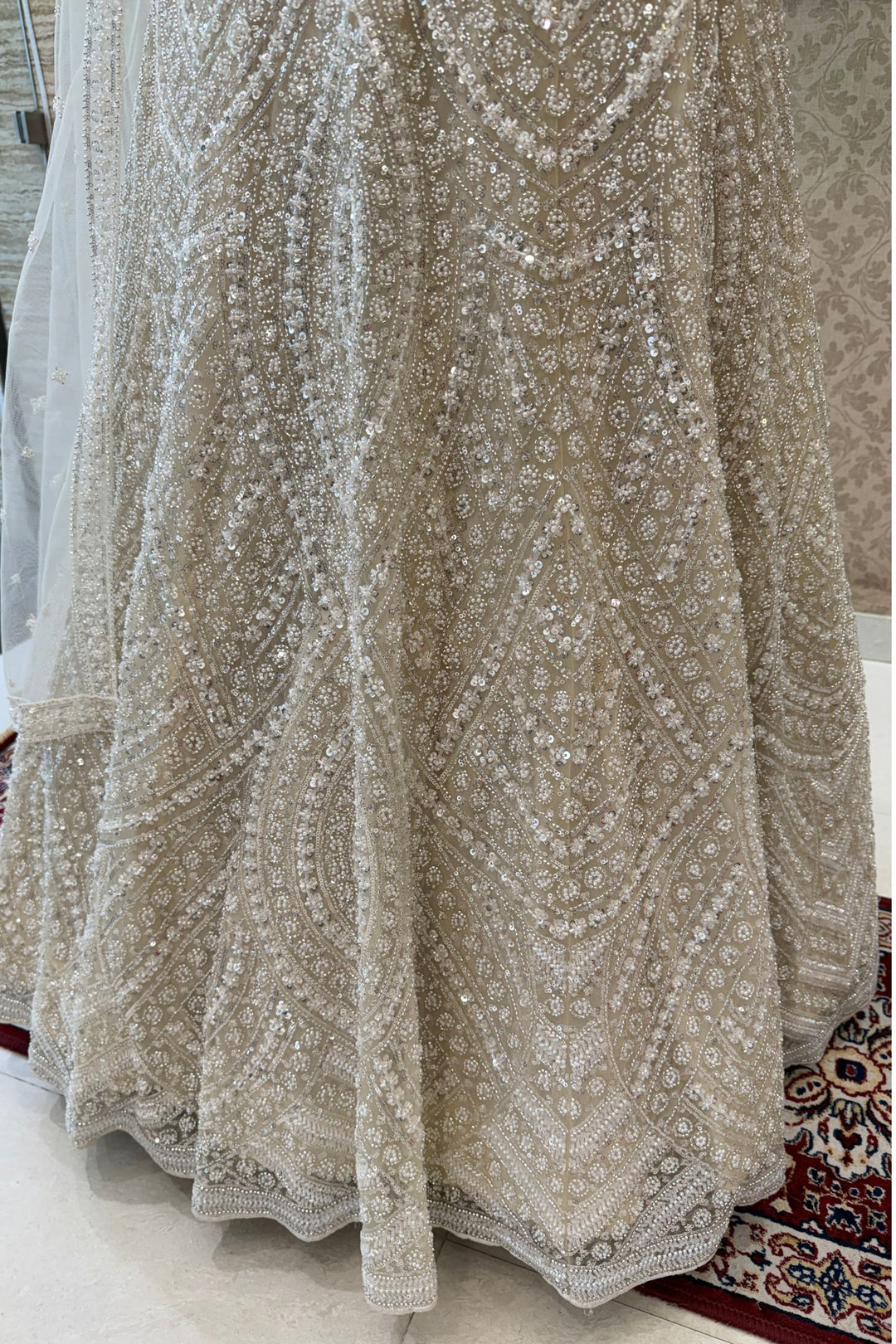 Cream Beads, Pearls and Sequins work Crop Top Designer Bridal Lehenga