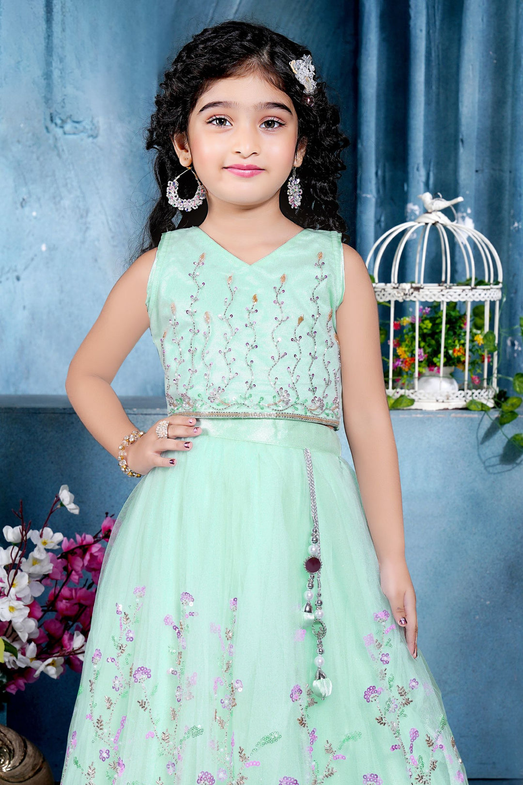 Light Blue Sequins, Beads and Glitter work Lehenga Choli for Girls