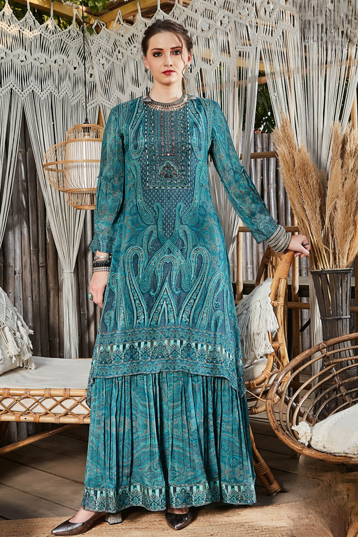 Peacock Blue Beads work with Digital Print Anarkali Styled Long Kurti