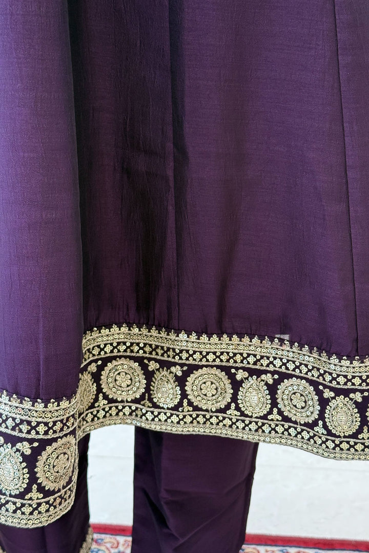Dark Purple Sequins and Zari work A-line Cut Salwar Suit