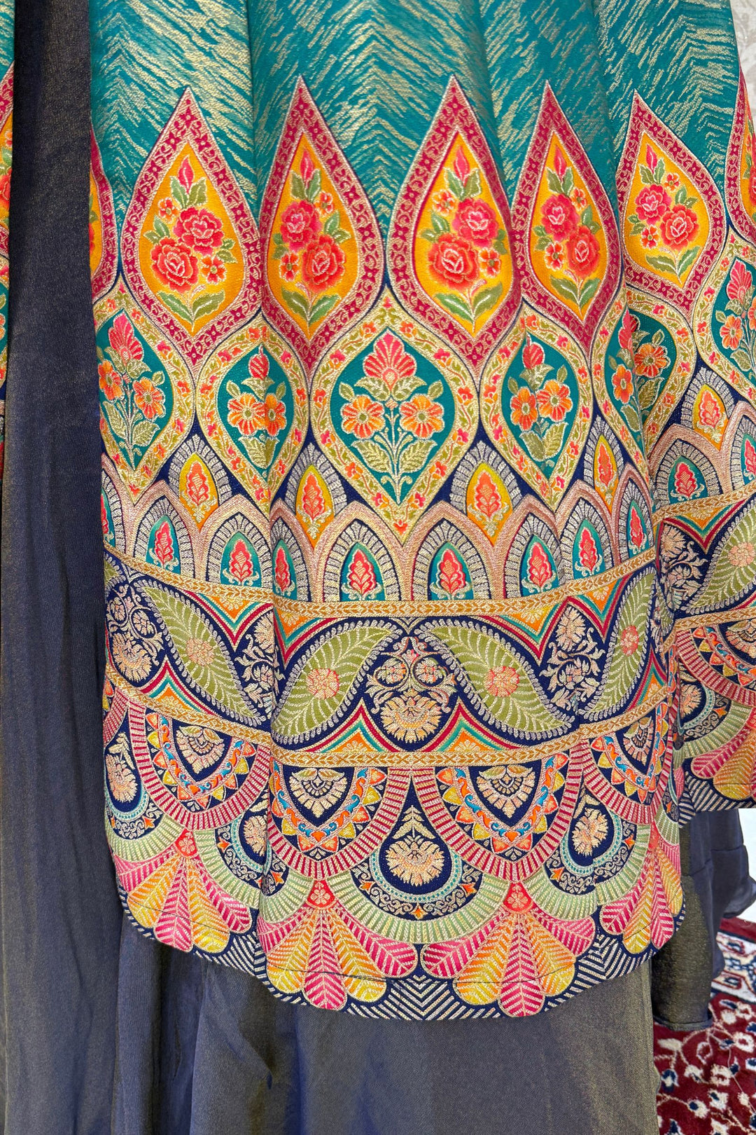 Blue with Rama Green Banaras work Mastani Styled Long Top Lehenga