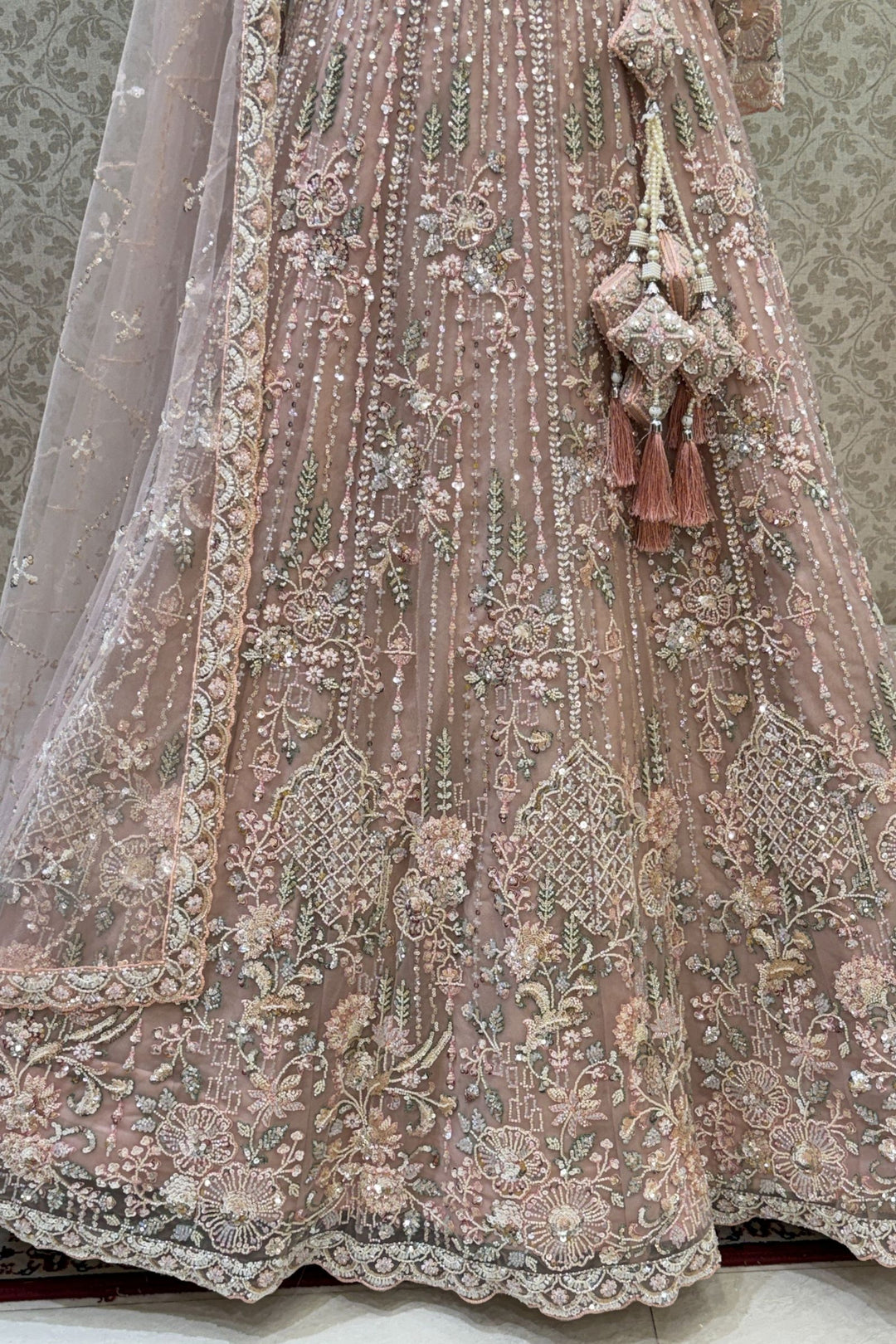 Baby Pink Sequins, Beads and Zari Thread work Crop Top Designer Bridal Lehenga