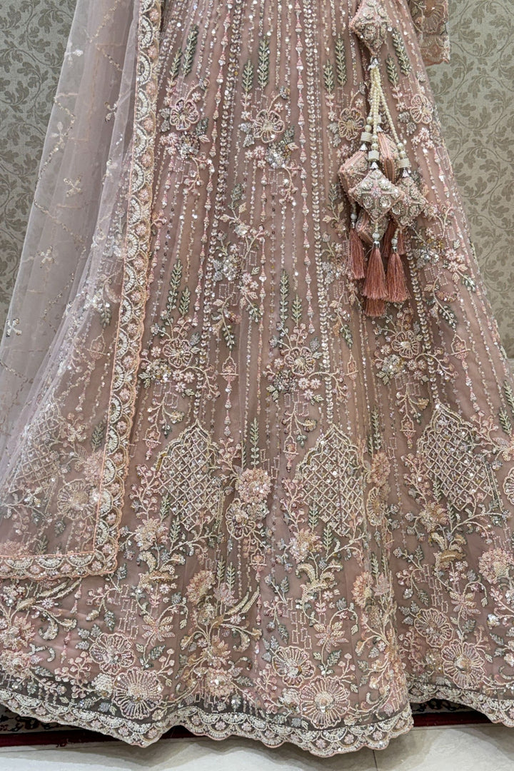 Baby Pink Sequins, Beads and Zari Thread work Crop Top Designer Bridal Lehenga