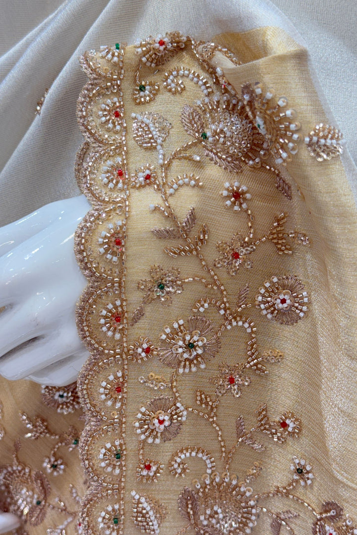 Cream Beads and Zari work Saree