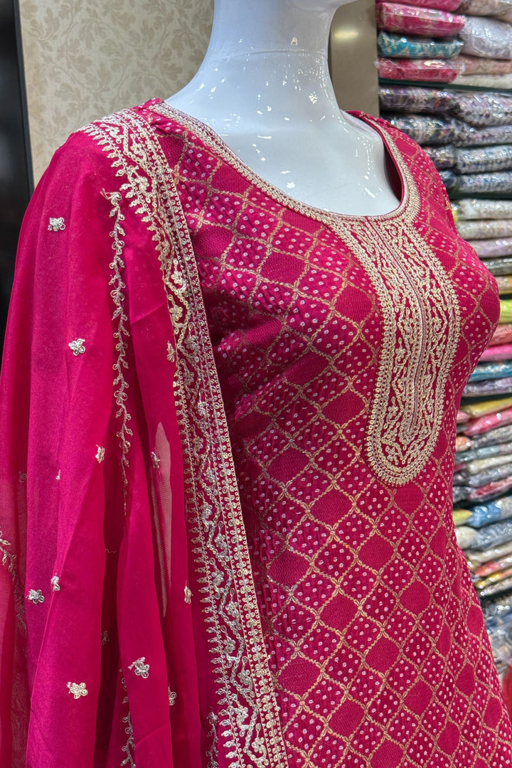 Rani Pink Banaras, Sequins and Zari work with Bandini Print Straight Cut Salwar Suit