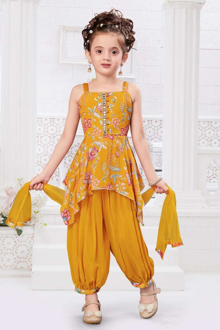 Mustard Zari, Stone, Sequins and Mirror work with Floral Print Joggers Set for Girls