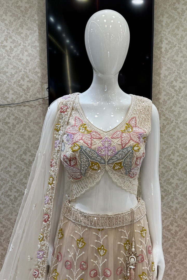 Beige Beads, Stone, Sequins, Pearl and Multicolor Embroidery work Designer Lehenga