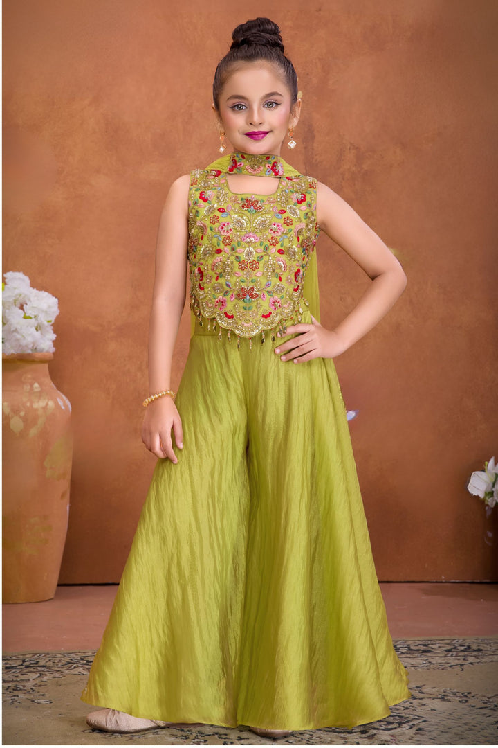 Liril Green Multicolor Embroidery, Beads, Sequins and Zari work Palazzo Suit Set for Girls