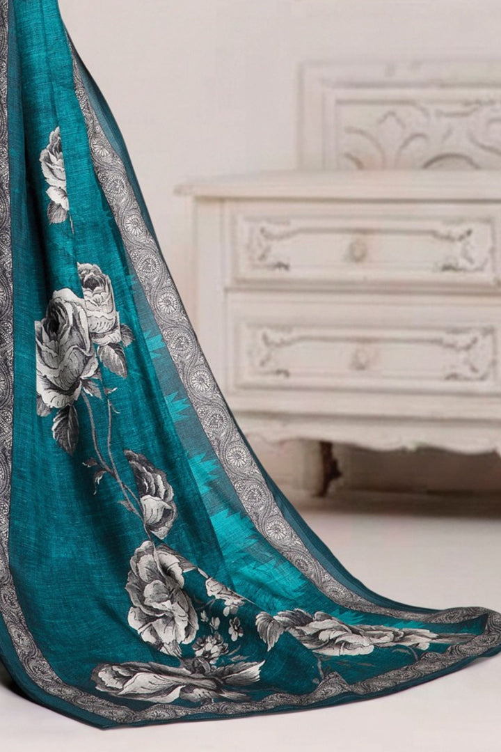 Blue Sequins and Beads work with Floral Print Straight Kurta Set