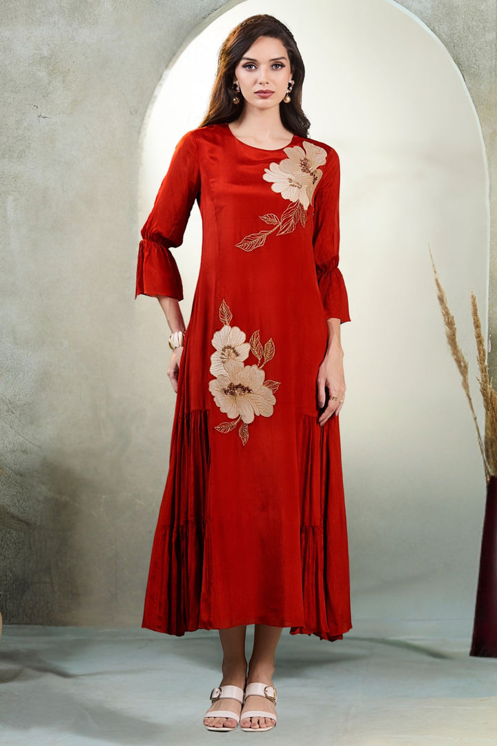 Rust Beads and Zari work Anarkali Styled Long Kurti