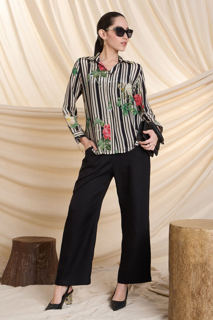 Cream with Black Floral Print Short Kurti