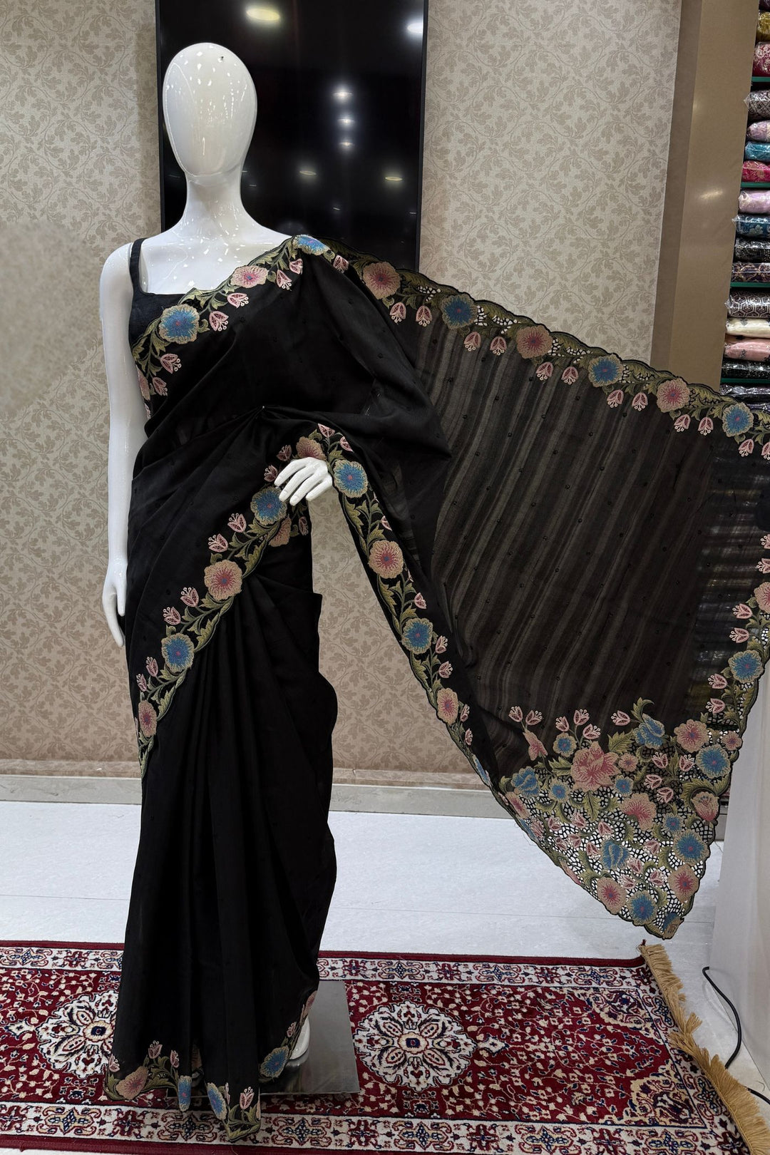Black Multicolor Embroidery work Saree