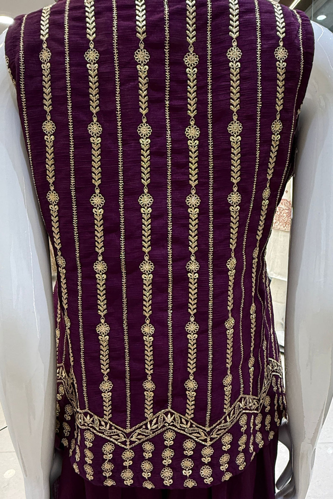 Wine Zari, Sequins, Stone and Beads work Top with Flared Palazzo Set