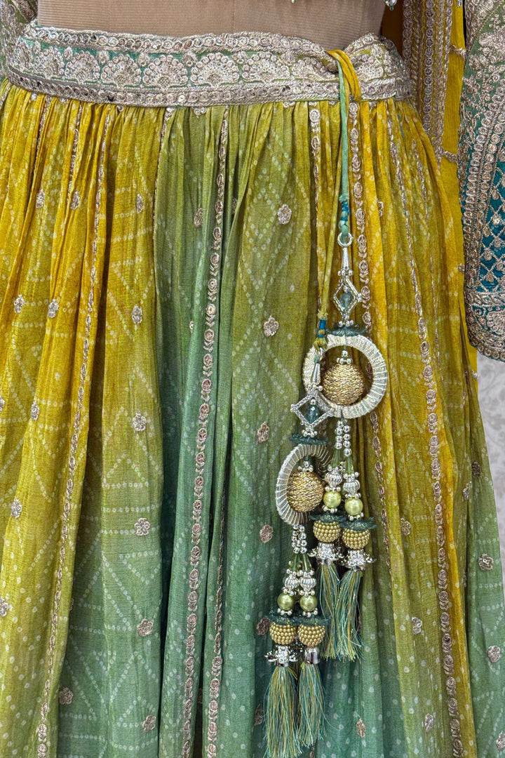 Yellow with Green Sequins, Zari and Beads work with Bandini Print Crop Top Lehenga