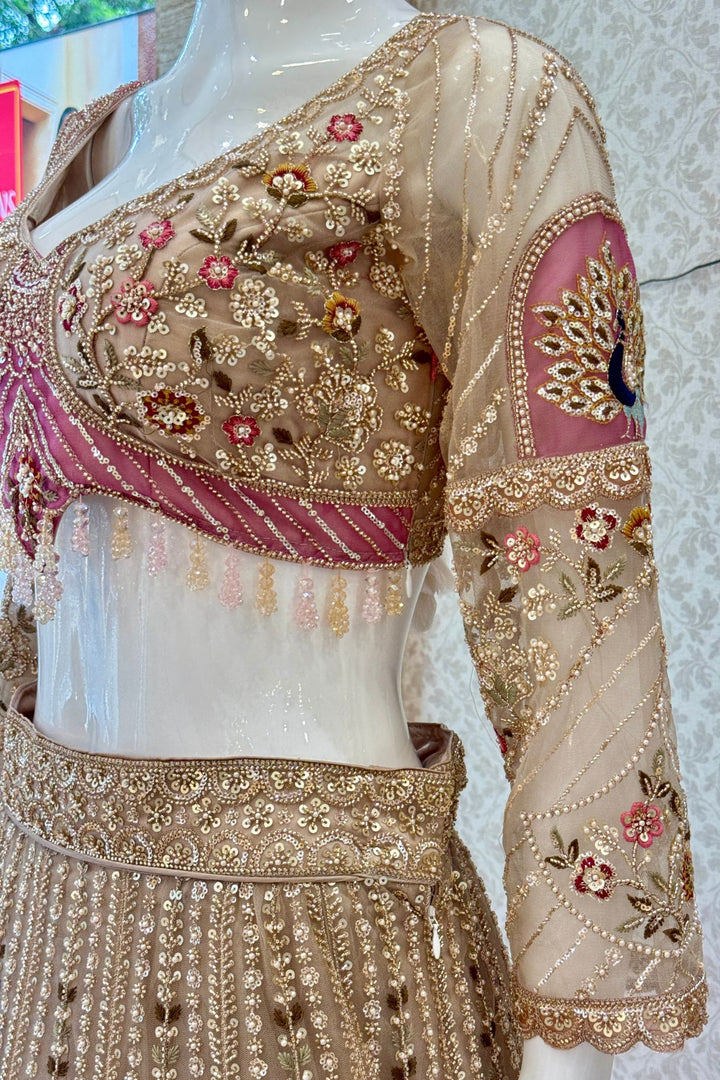 Chiku Beads, Sequins and Embroidery work Crop Top Designer Bridal Lehenga