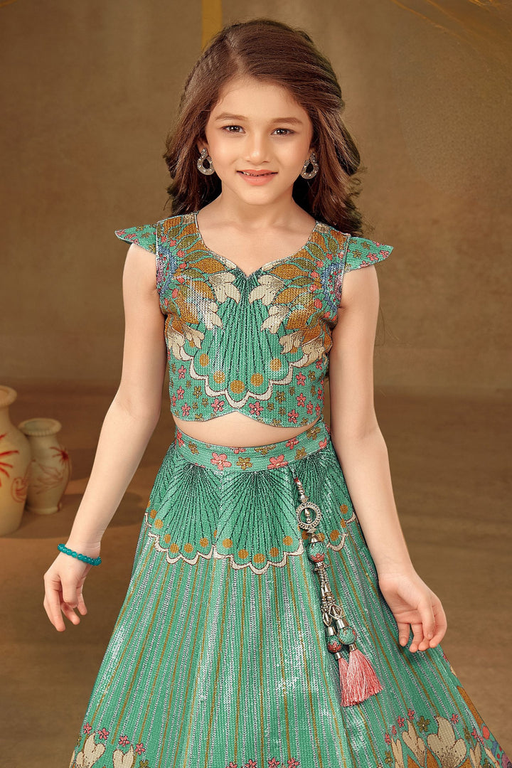 Rama Blue Digital Print, Sequins and Thread work Lehenga Choli for Girls