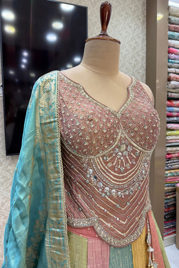 Onion Pink Beads, Stone, Sequins, Mirror and Zari work with Multicolor Lehenga Set