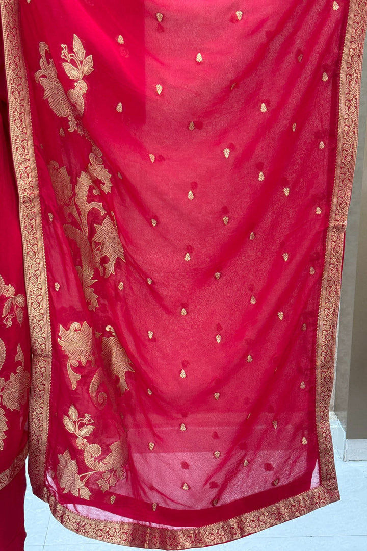 Rani Pink Banaras, Stone, Zardozi, SEquins, Beads and Zari work Straight Cut Salwar Suit