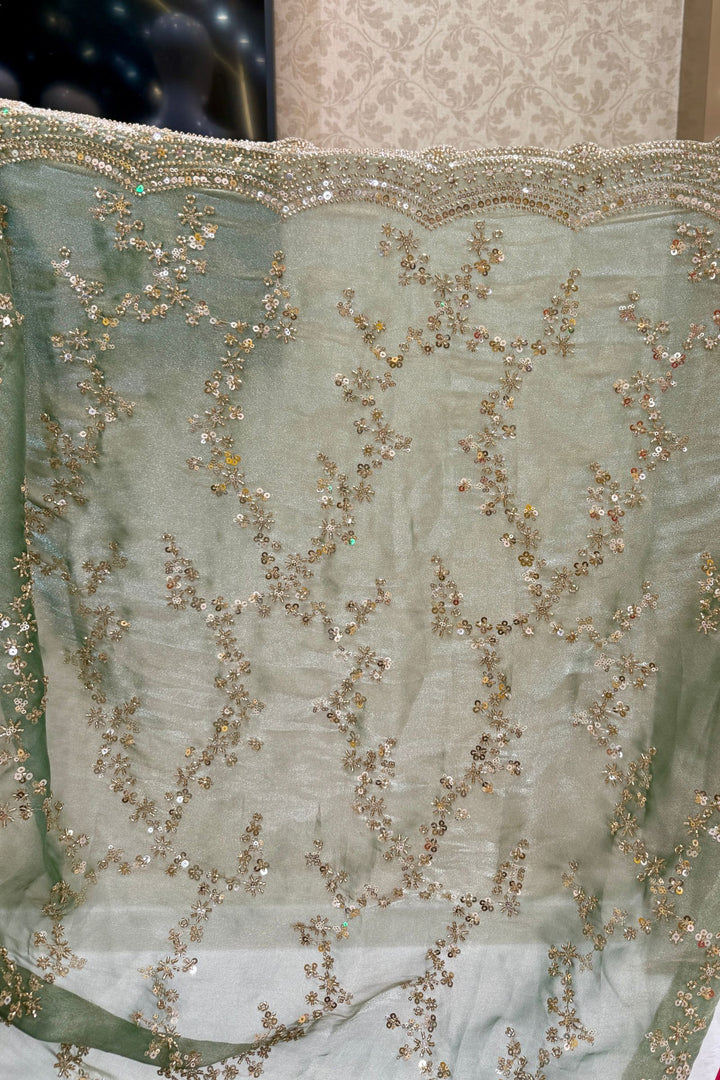 Mint Green Saree with Intricate Zari, Sequin and Beads work