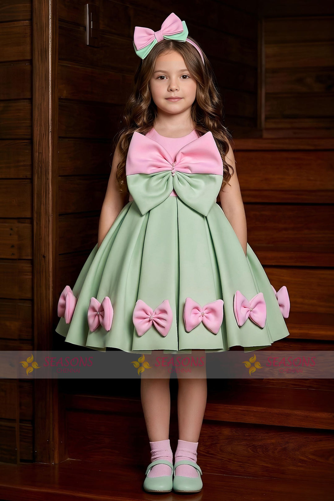 Pastel Green with Pink Bow Embellished Short Partywear Frock for Girls
