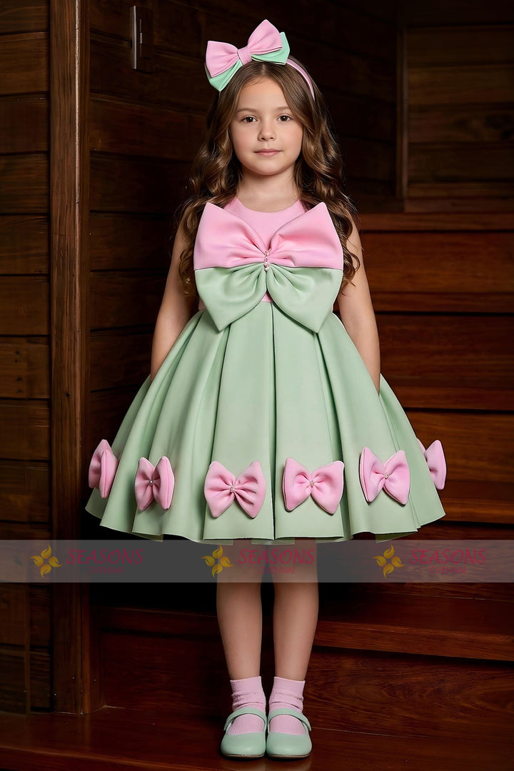 Pastel Green with Pink Bow Embellished Short Partywear Frock for Girls
